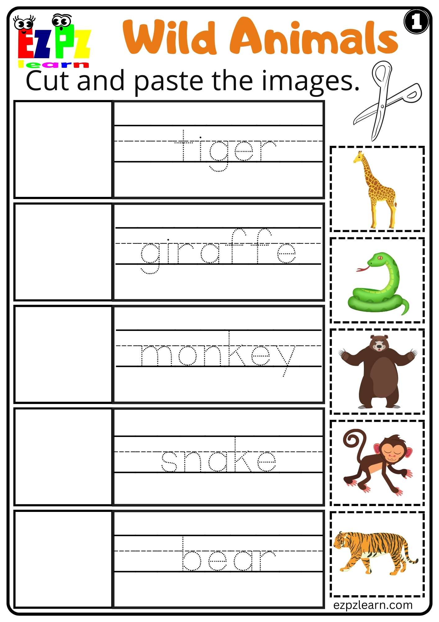 Wild Animals Cut and Paste Set 1 For kids and ESL PDF Download